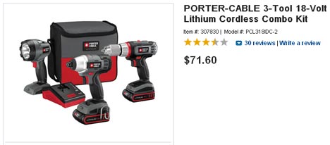 Porter-Cable 3-Tool 18V Lithium Combo Kit Only $71.60