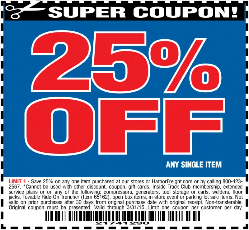 Hot Deal Harbor Freight 25 off Coupon Exp. 3/31/15