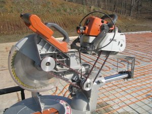 Amish modified gas powered Ridigid miter saw